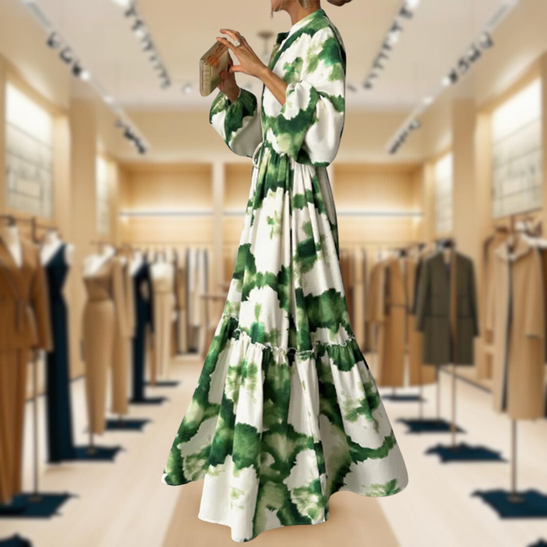 Green Long Sleeve V-Neck Maxi Dress