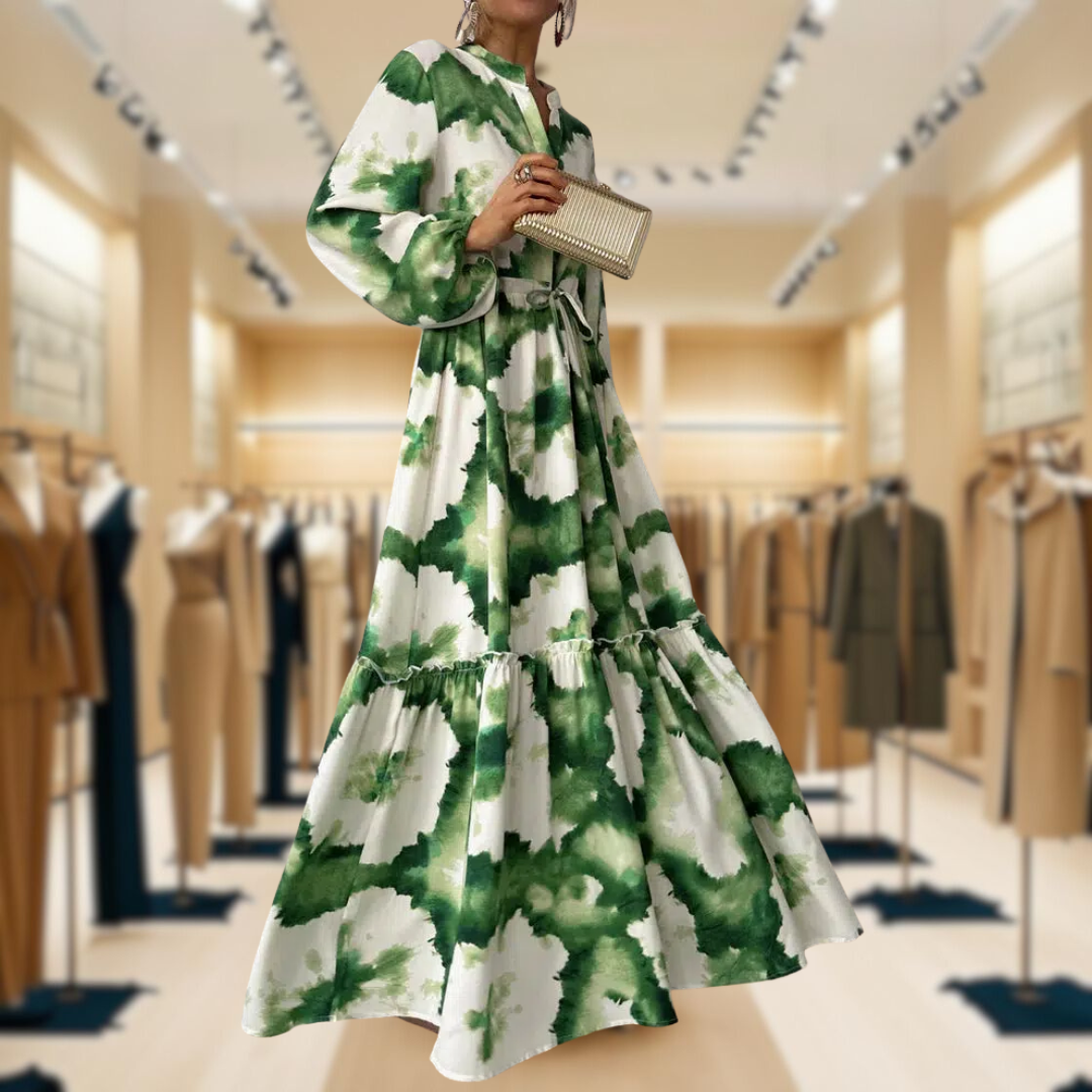 Green Long Sleeve V-Neck Maxi Dress
