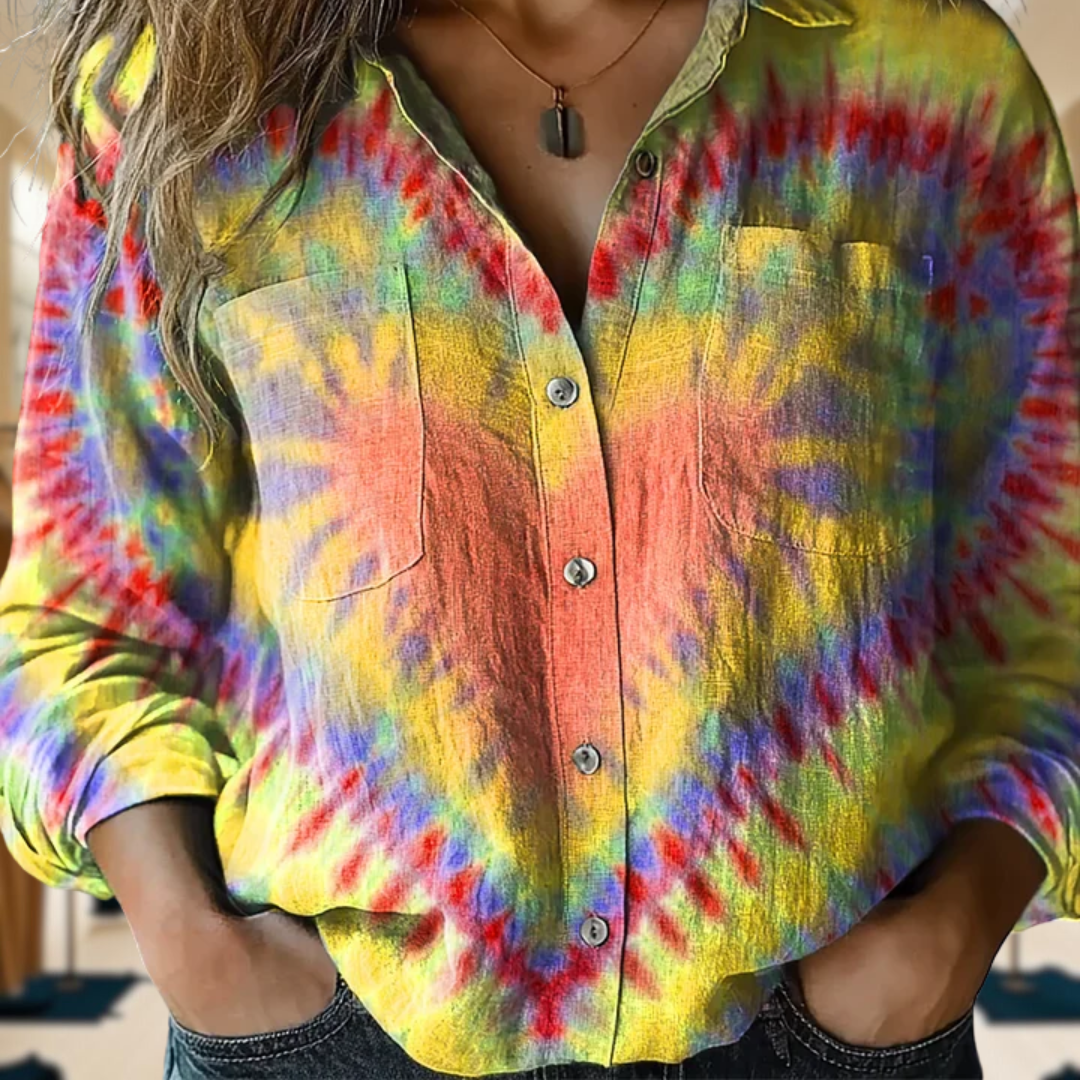 Colorful Heart Tie Dye Print Casual Long Sleeve Comfortable Cotton Shirt