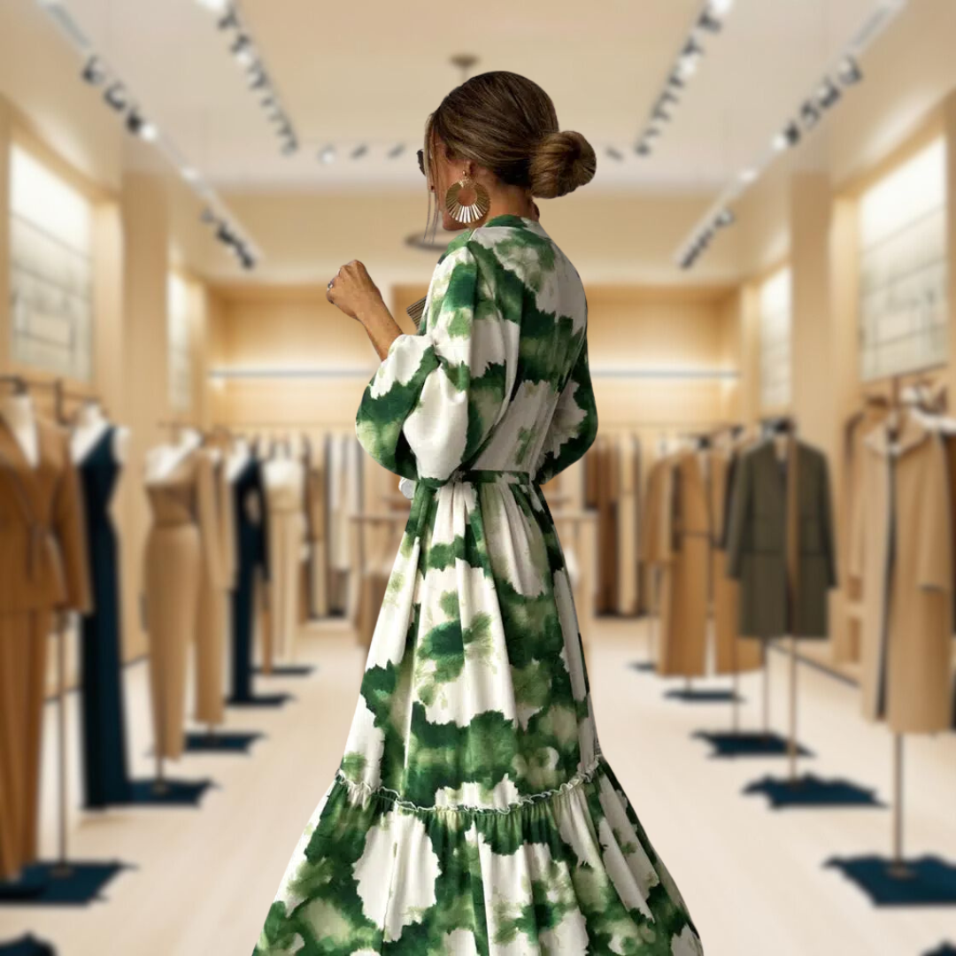 Green Long Sleeve V-Neck Maxi Dress