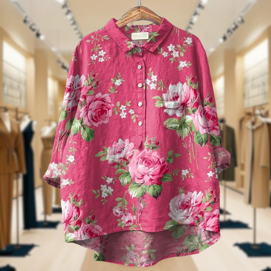 Rose Floral Pattern Casual Cotton And Linen Shirt