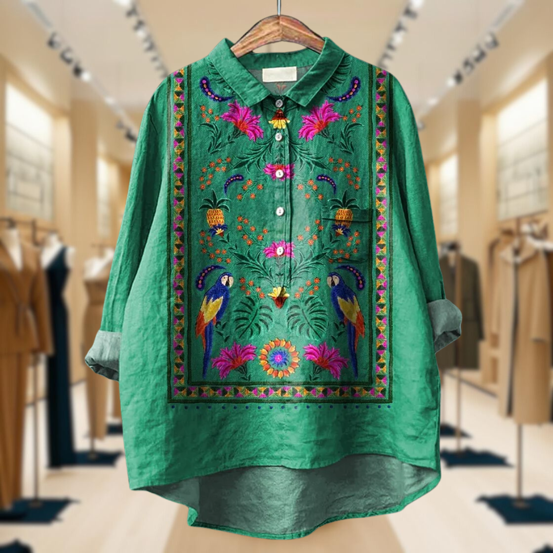 Vintage Ethnic Lovely Floral Parrots Art Print Casual Cotton And Linen Shirt