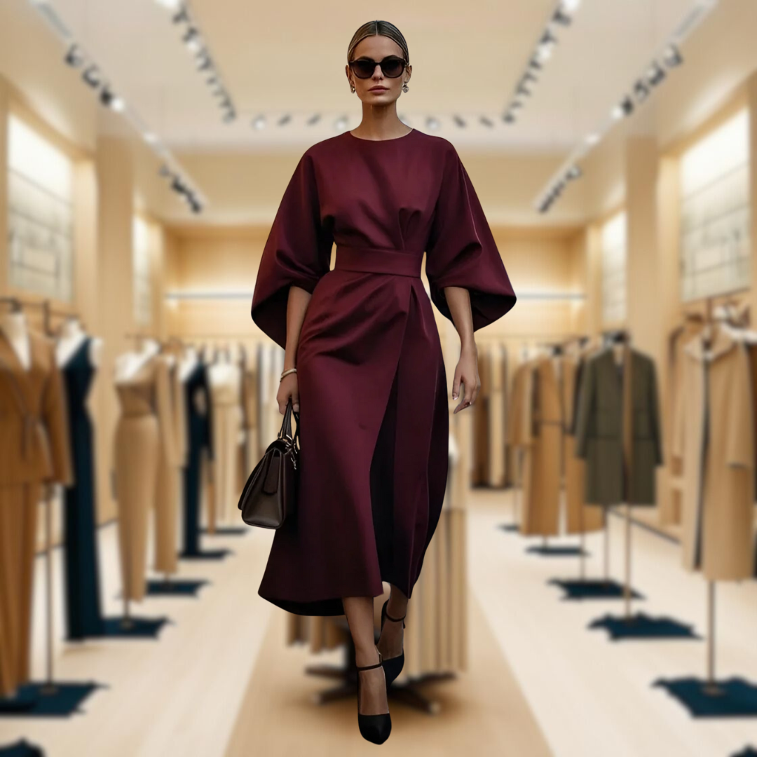 Sofia Elegant Dress with Lantern Sleeves and Belt at the Waist