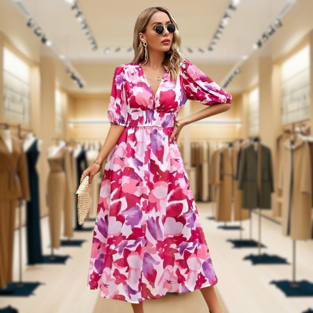 Lara™ | Flattering Floral V-Neck Dress