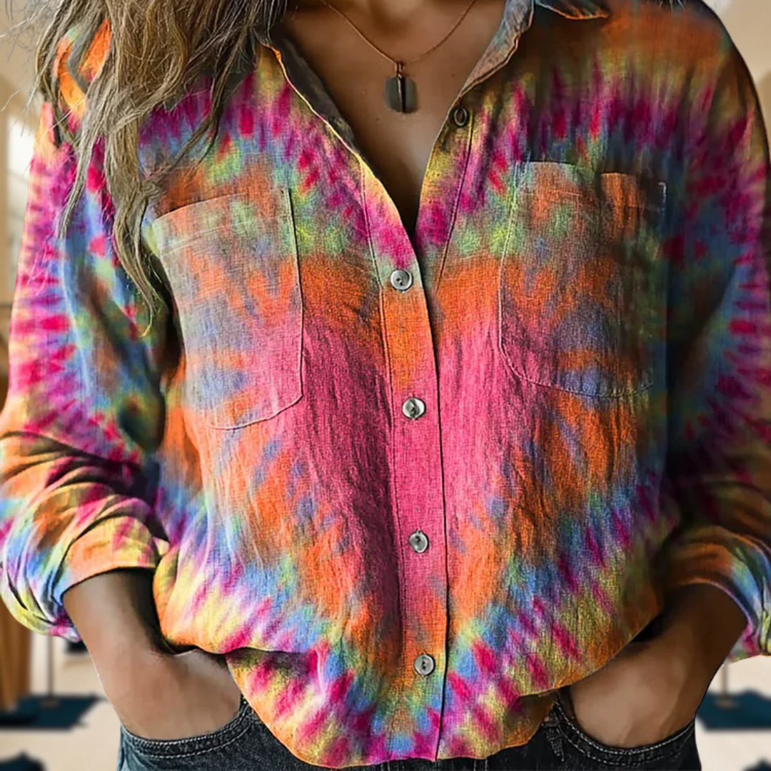 Colorful Heart Tie Dye Print Casual Long Sleeve Comfortable Cotton Shirt