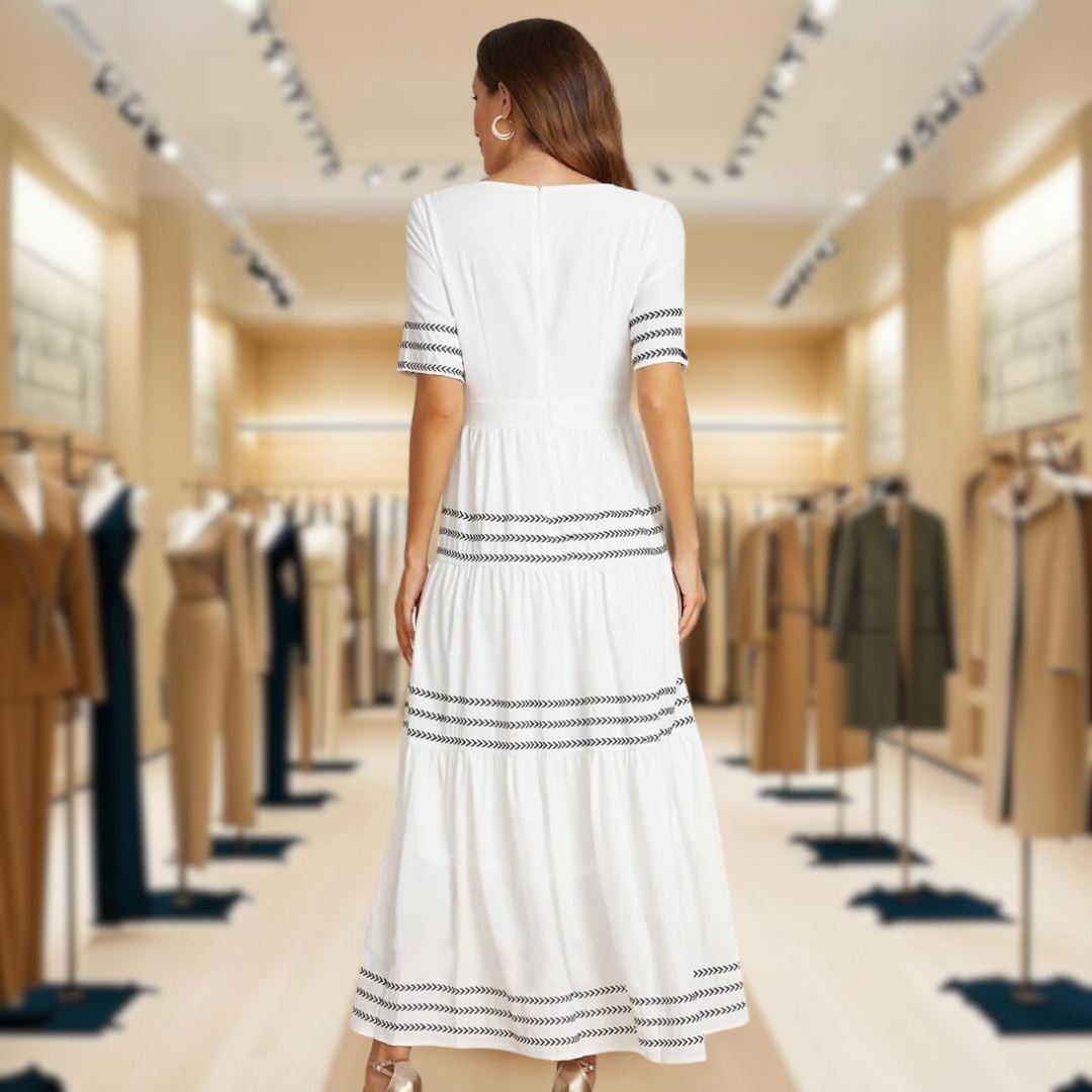 White Half Sleeve V-neck Modest Maxi Dress With Sashes