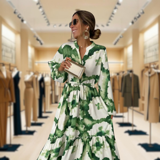 Green Long Sleeve V-Neck Maxi Dress
