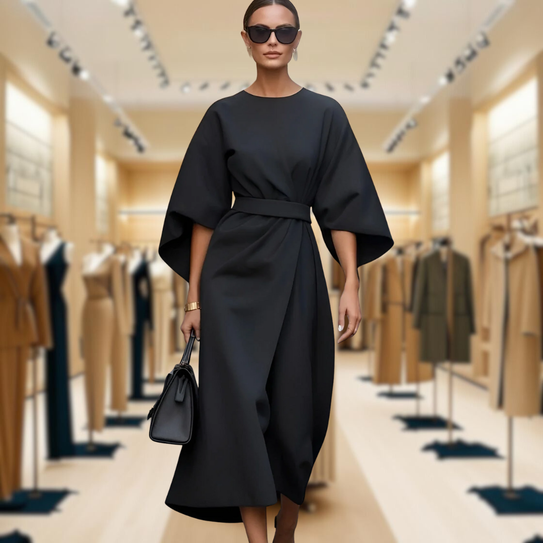 Sofia Elegant Dress with Lantern Sleeves and Belt at the Waist