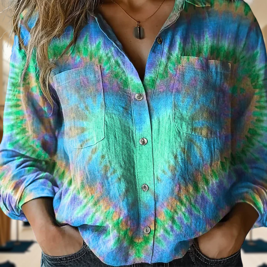 Colorful Heart Tie Dye Print Casual Long Sleeve Comfortable Cotton Shirt