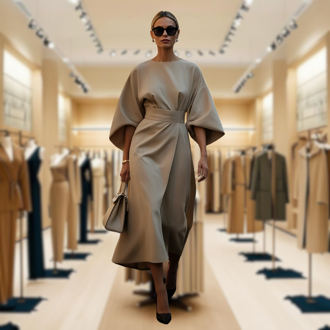 Sofia Elegant Dress with Lantern Sleeves and Belt at the Waist