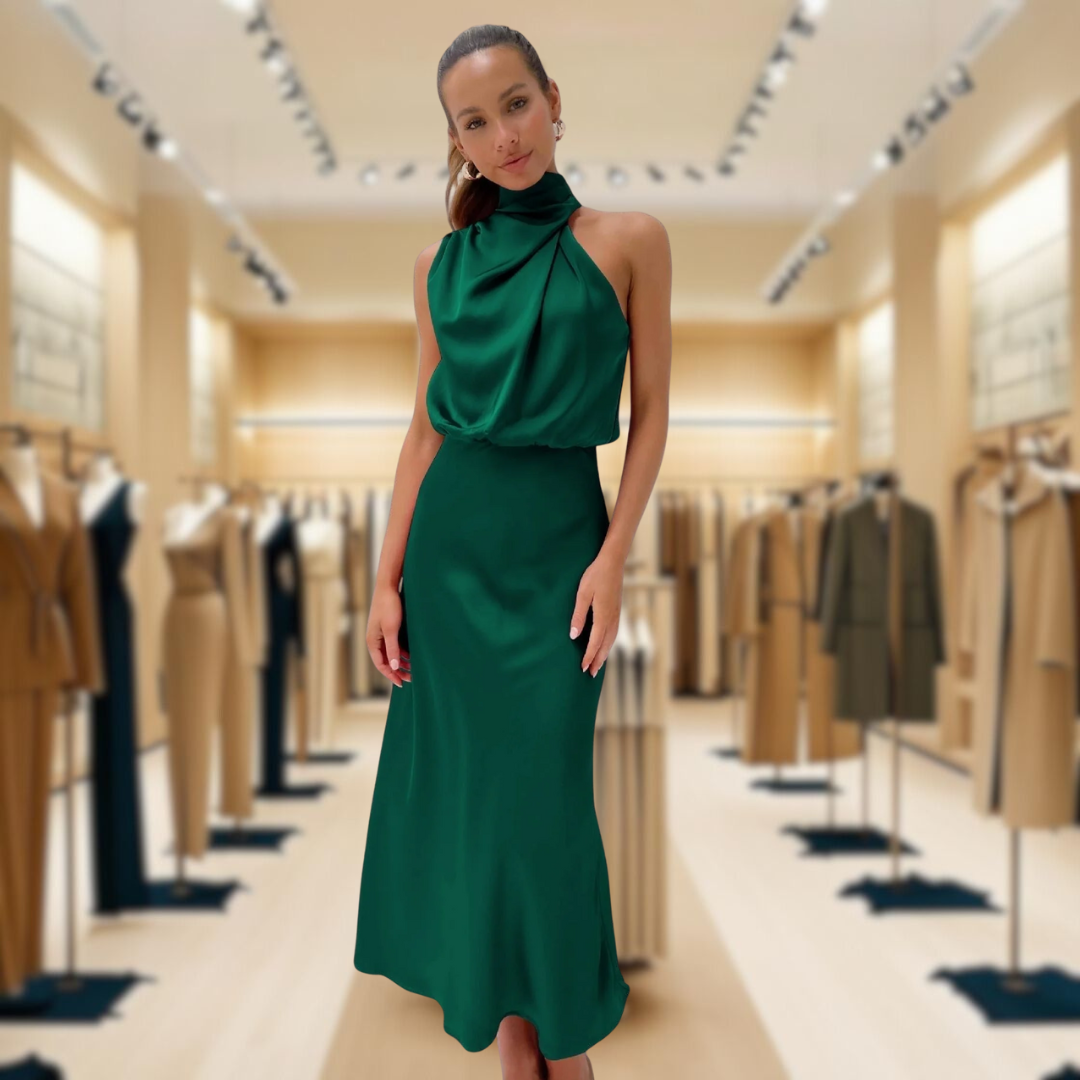 Flavia™ | Glamorous satin dress with halter neck