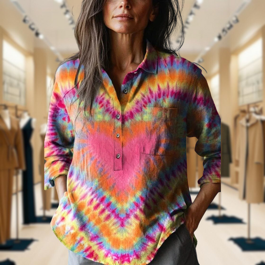 Heart Tie Dye Pattern Pattern Casual Cotton And Linen Shirt